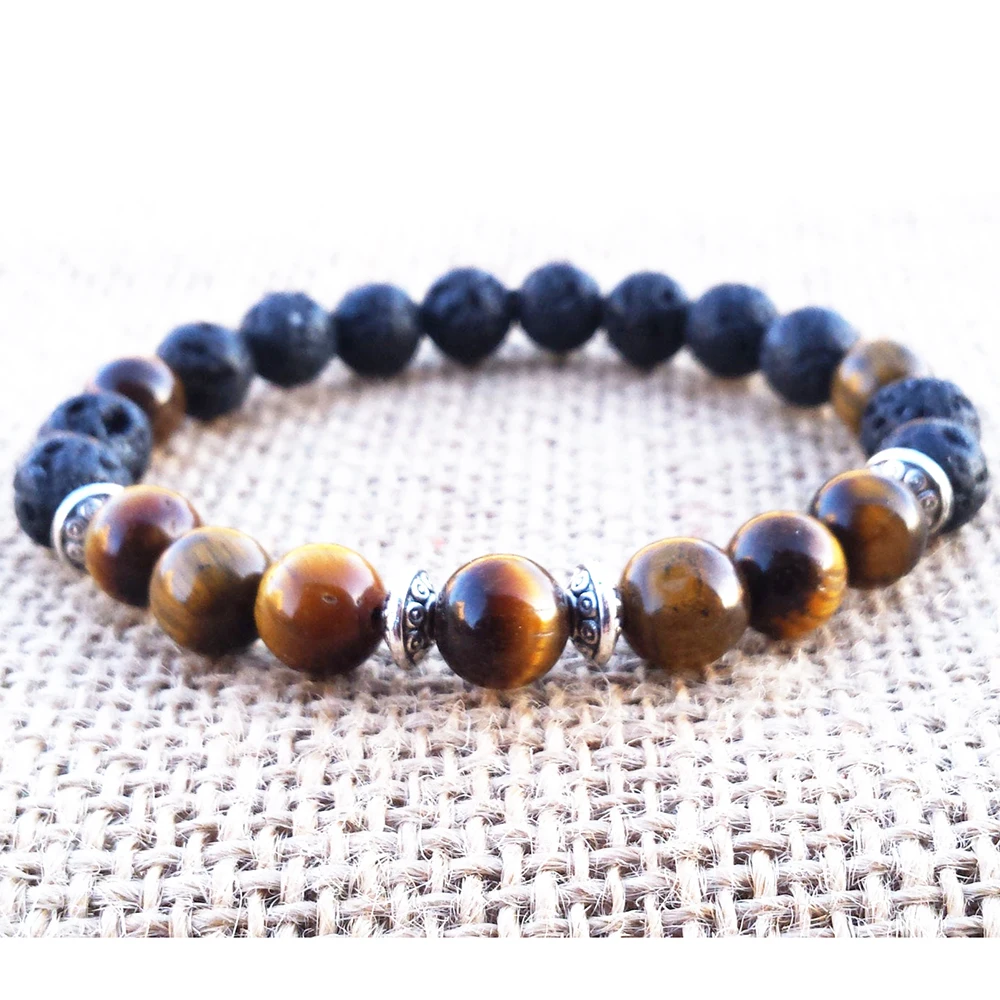 

MG0758 Men`s 8 mm Tigers Eye Bracelet Lava Stone Energy Bracelet Spiritual Meditating Yoga Bracelet Wrist Mala Jewelry