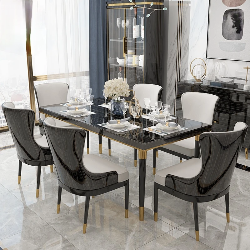 Simple golden ebony Italian light luxury solid wood dining table and chair combination