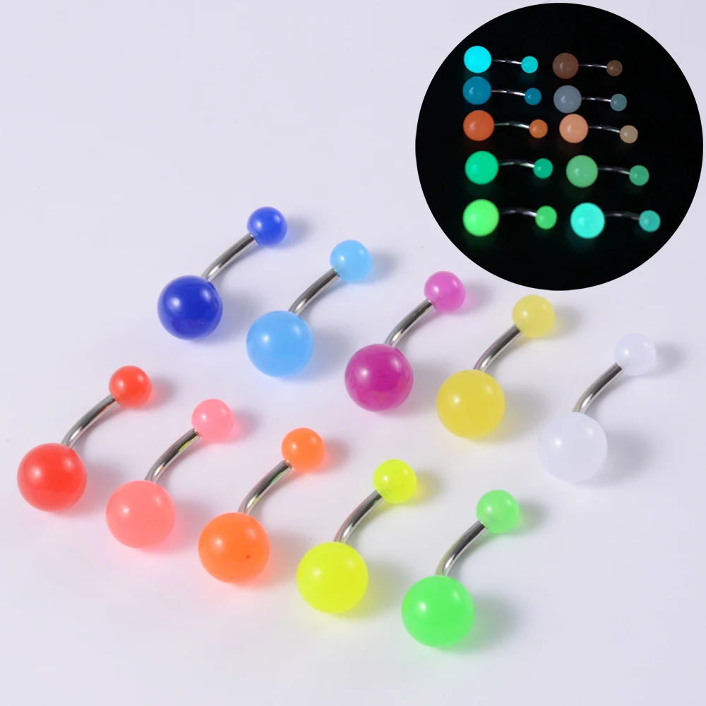 10/14pcs/Set Luminous Surgical Steel Tongue BCR Navel Belly Ring Acrylic Glow in the Dark Ball Labret Stud Body Piercing Jewelry