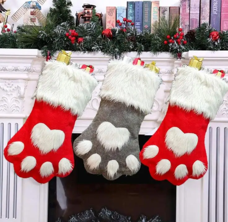 Christmas Dog Cat Paw Stocking Xmas Santa Claus Gift Storage Socks Christmas Kids Gift Candy Bag Christmas Tree Decorations  SN