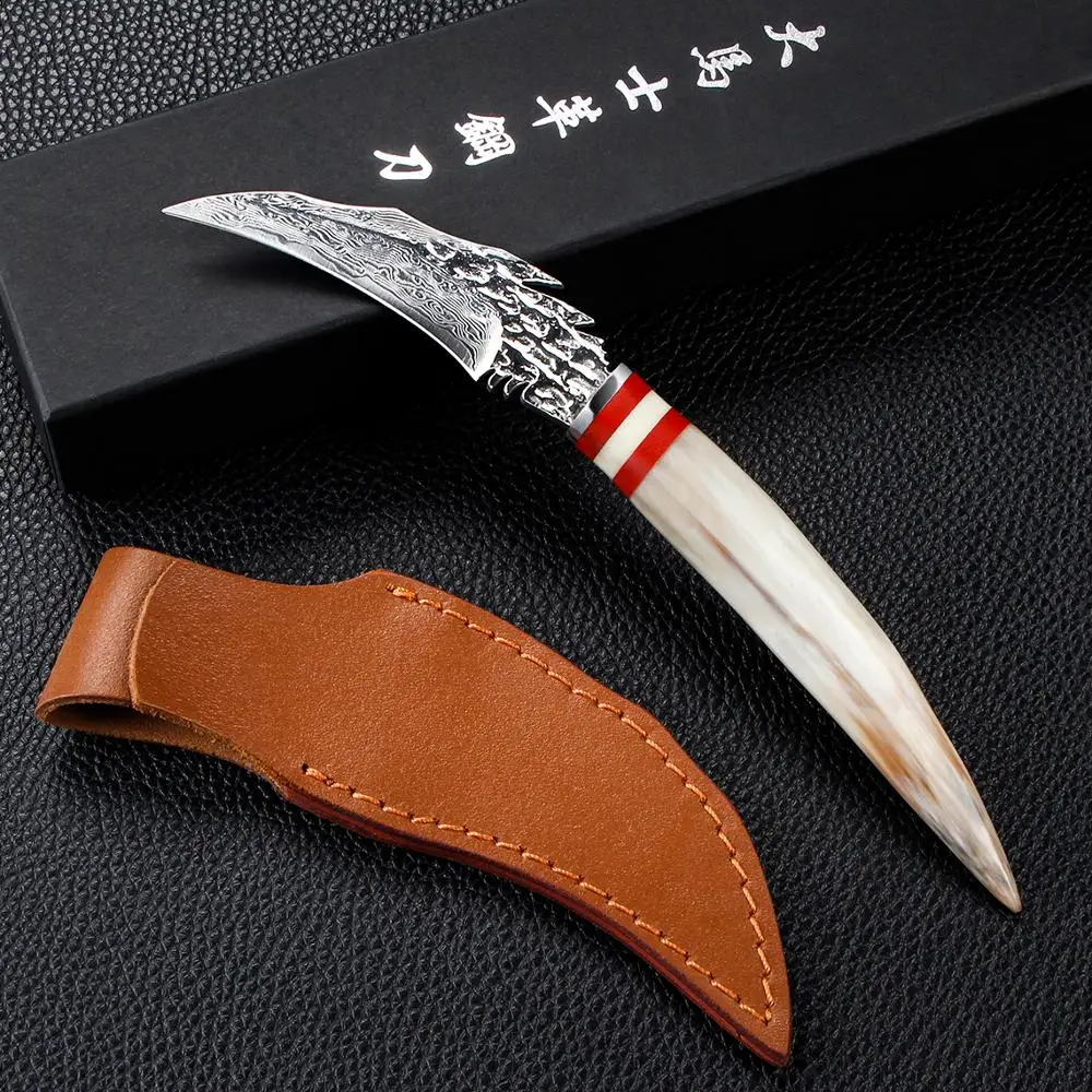 

BIGSUNNY Fruit Knife - Bird’s Beak Peer - Damascus Steel - 3.5 Inch Blade - Handmade with Ox Horn Handle