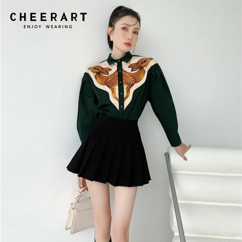 

CHEERART Deer Embroidered Cotton Green Long Sleeve Button Up Shirt Fall 2021 Womens Fashion Patchwork Top And Blouses Autumn