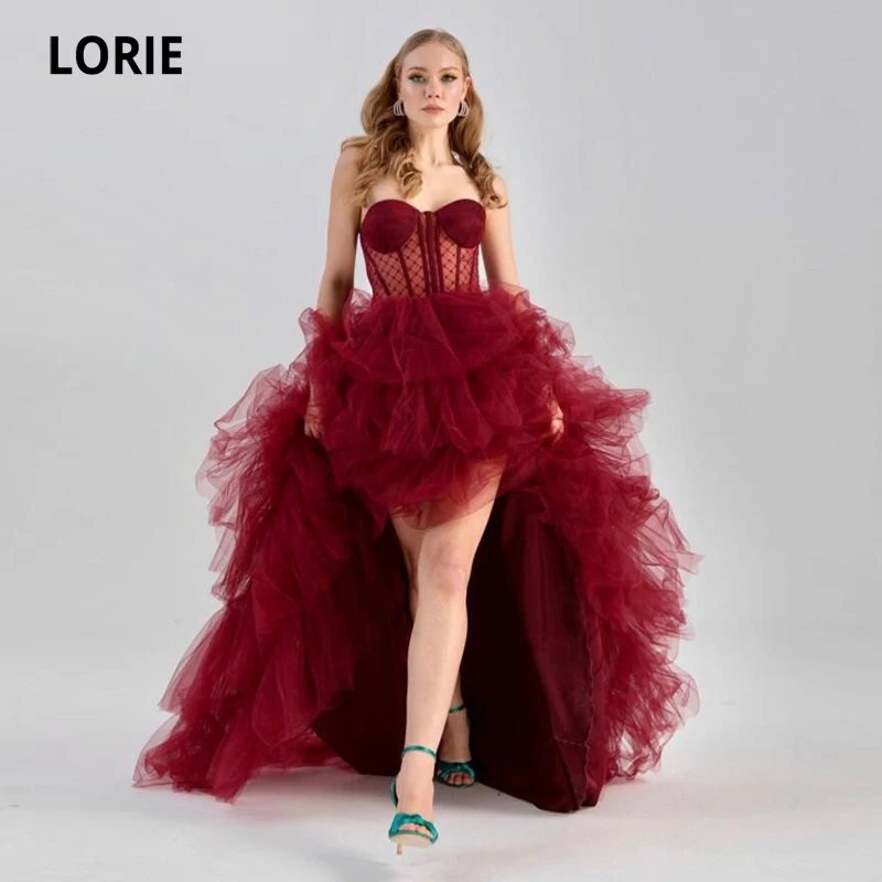 

LORIE Burgundy Prom Dresses 2021 Strapless A-Line Tulle High Low Girl Evening Gown Teried Party Celebrity Dress for Graduation