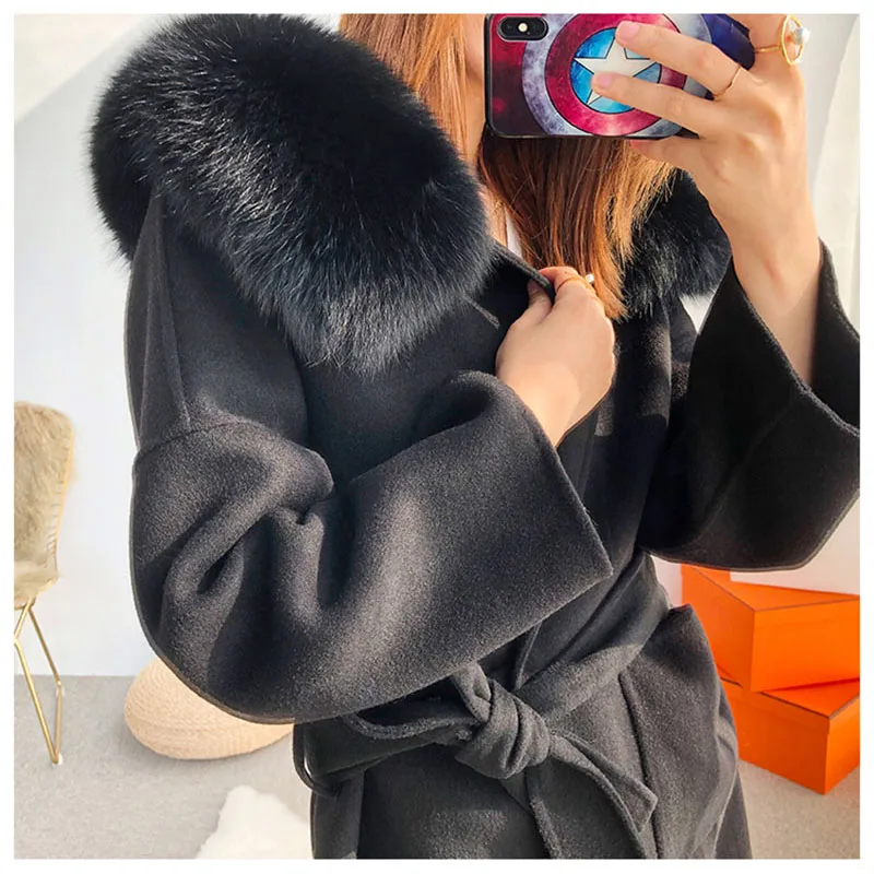 Korea Hooded Cashmere Long Coat With Hood Real Fox Fur Hood Trim Women Warm Large Jacket Female Hooded Outwear Spring Loose Coat