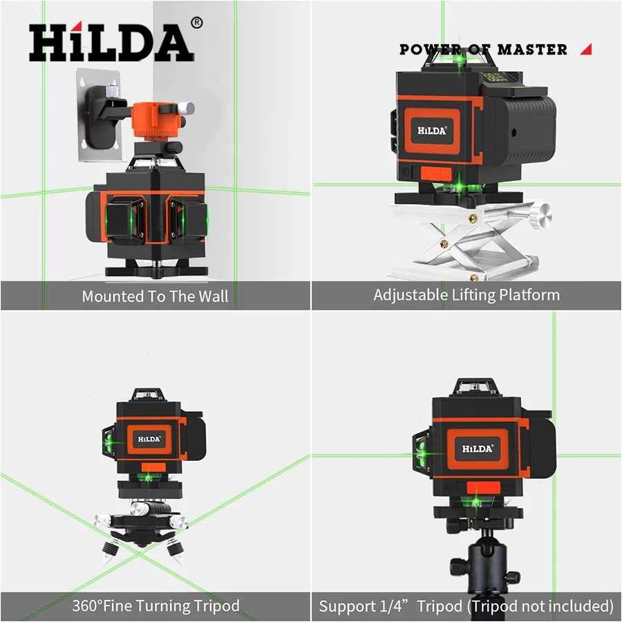 Hilda-自動セルフレベリング3D/4Dレーザーレベル,360水平および垂直クロス,非常に強力な緑色レーザーレベル