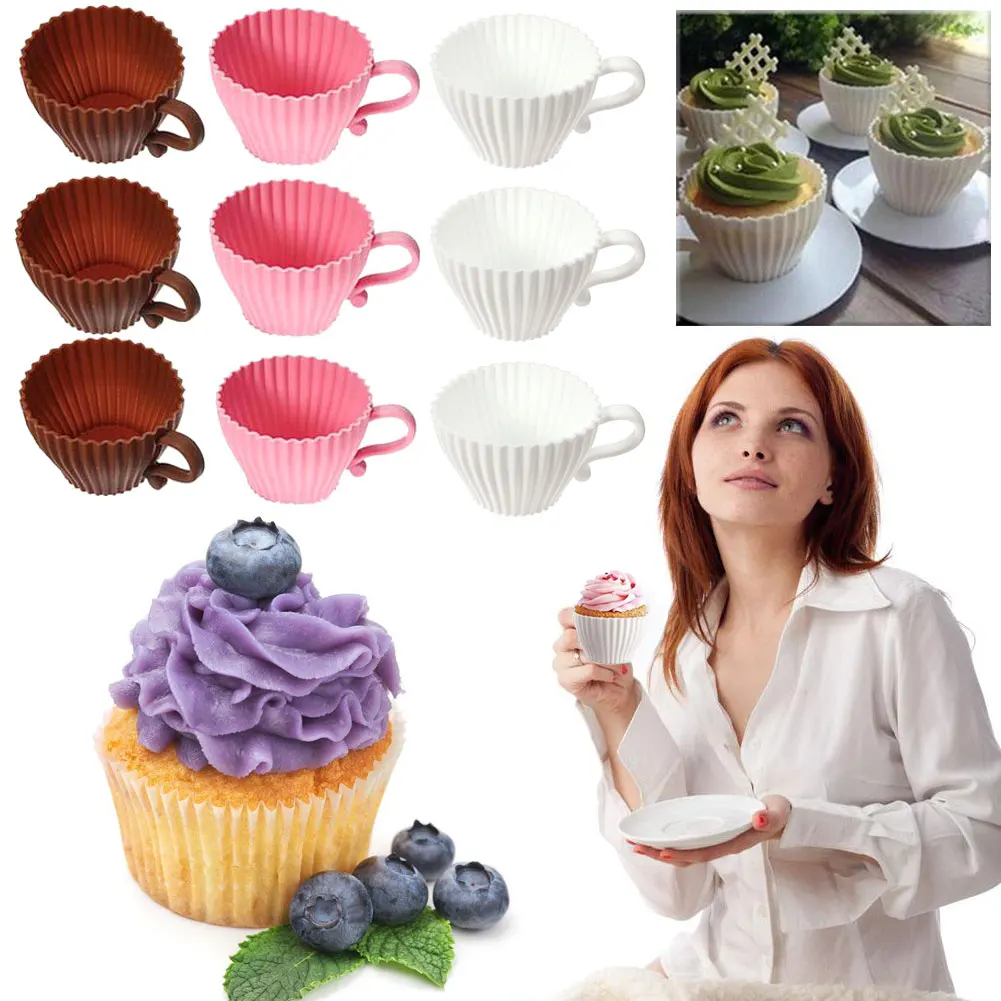 Silicone Cupcake Cups Muffin Baking Cake Tea Saucer Teacup Mold Mould