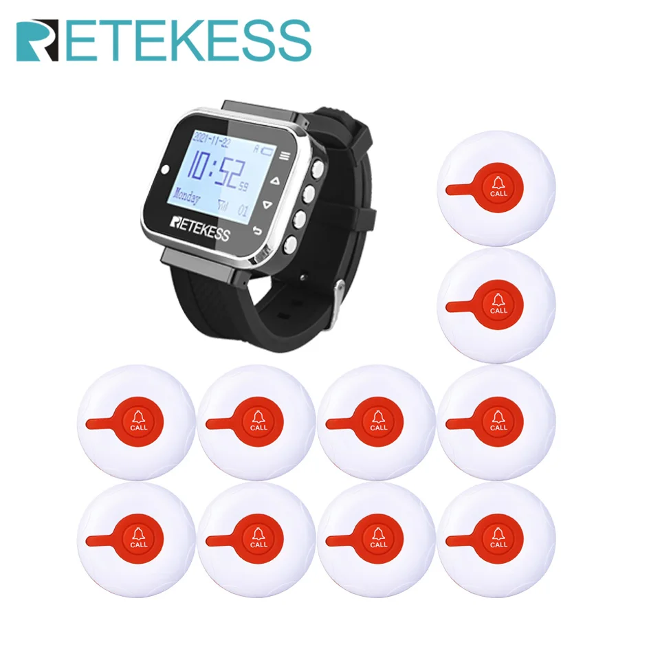 Retekess Restaurant Pager Wireless Waiter Calling System TD110 Watch Receiver + 10pcs TD009 Button For Cafe Clinic Dentist