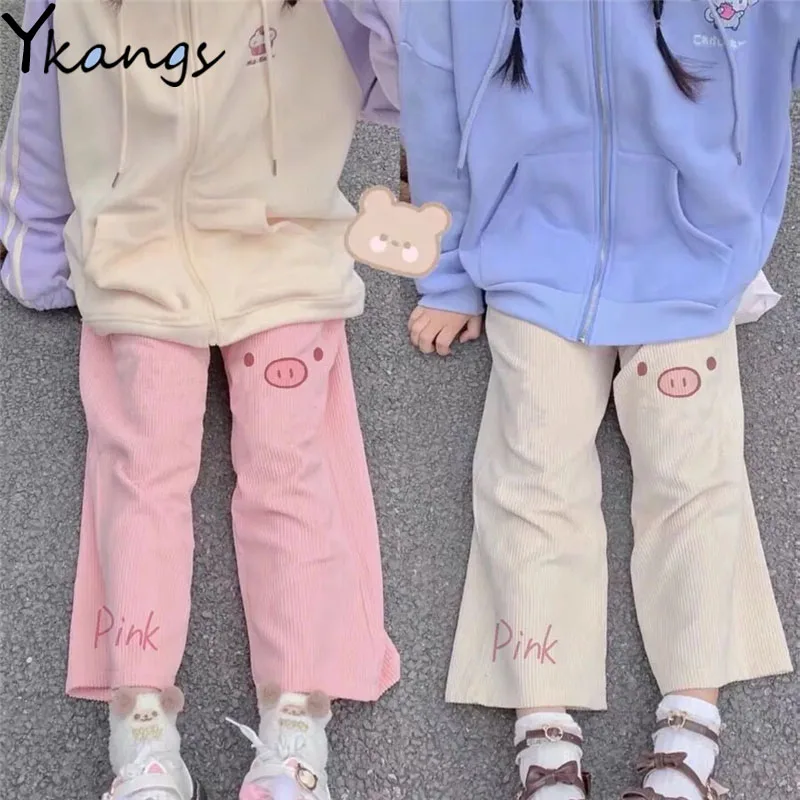 

Pink Pig Print Cartoon Cute Kawaii Harajuku Corduroy Pants for Women Baggy Aesthetic Harajuku Korean Fashion Trousers Female New