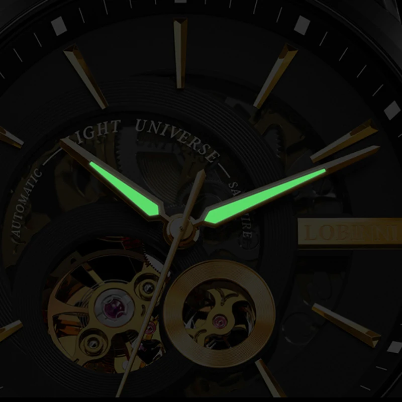 LOBINNI Роскошные мужские часы со скелетом, аналоговые автоматические механические часы с кожаным ремешком, турбийон, наручные часы, водонепроницаемые часы