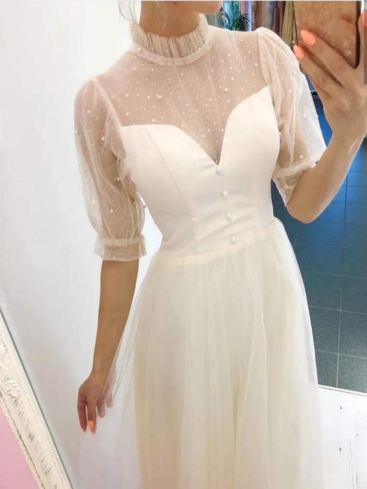 LSYX-Robe de Mariée Courte Élégante en Dentelle Organza pour Femme, Demi-Manches, Ceinture, Bouton, Dos aux, Design Perles