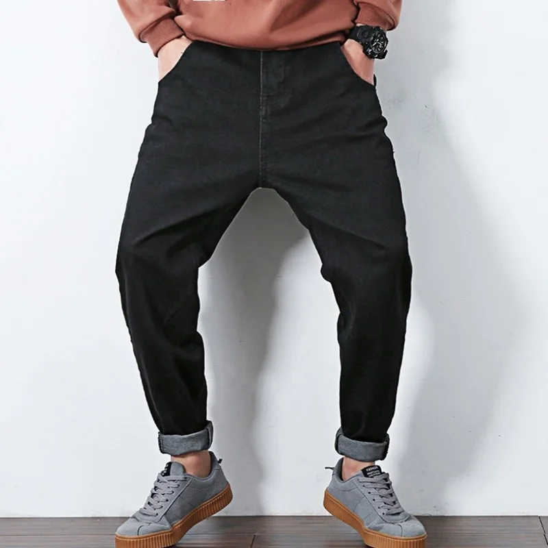 Winter New Mens Fleece Lining Jean Pants Plus Size Mens Black Cotton Harem Pants Male Casual Loose Fit Denim Pants M-6XL