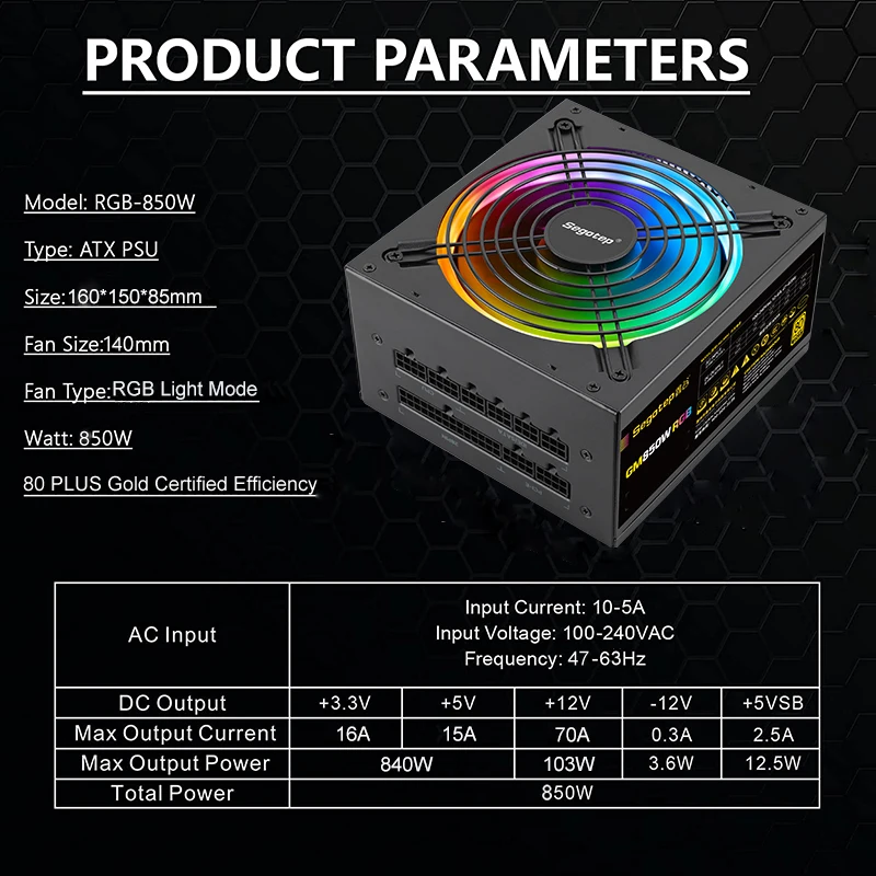 Vỏ Case Máy Tính Segotep Công Suất 850W Hoàn Toàn Modular 80 Plus Gold Chứng Nhận RGB Nguồn Điện 140Mm Fan ATX PSU Máy Tính máy Tính Game Thủ Cung Cấp Điện