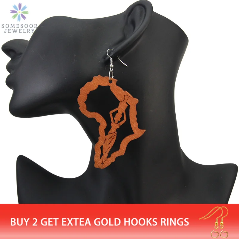 SOMESOOR Laser Engraved Afro Wooden Drop Earrings African Motherland Map Ethnic Tribal Pattern Handmade Jewelry For Black Women
