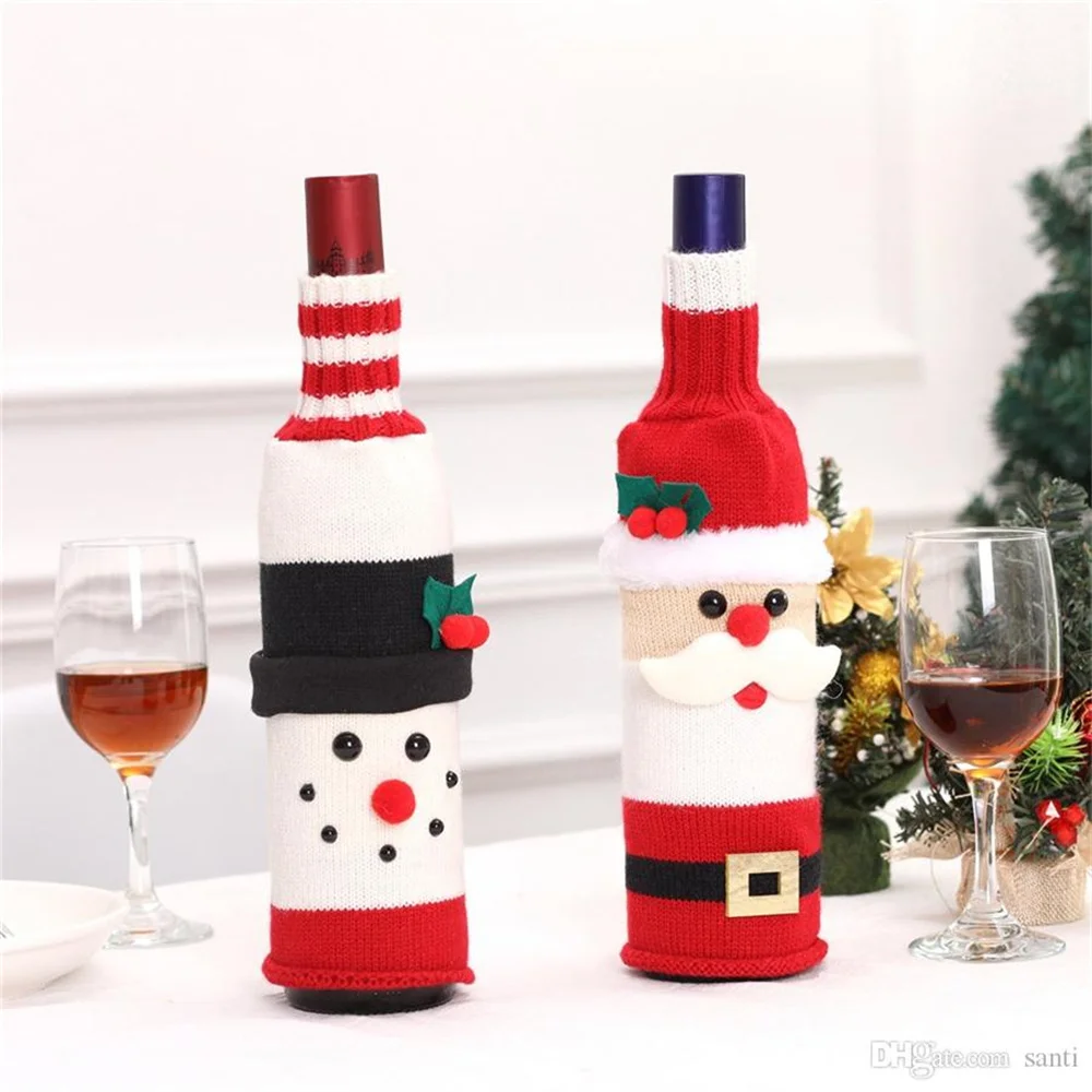 

New 100pcs/lot Christmas Wine Bottle Cover Santa Claus Snowman Knitted Wine Bottle Sweater Christmas Dinner Party Table