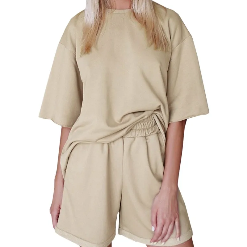 ZuoLunOuBa Moda Verão Em Branco Cor Sólida Movimento Mulheres Terno Solto Mangas Curtas Tops Cintura Elástica Khaki Shorts Ternos Feminino