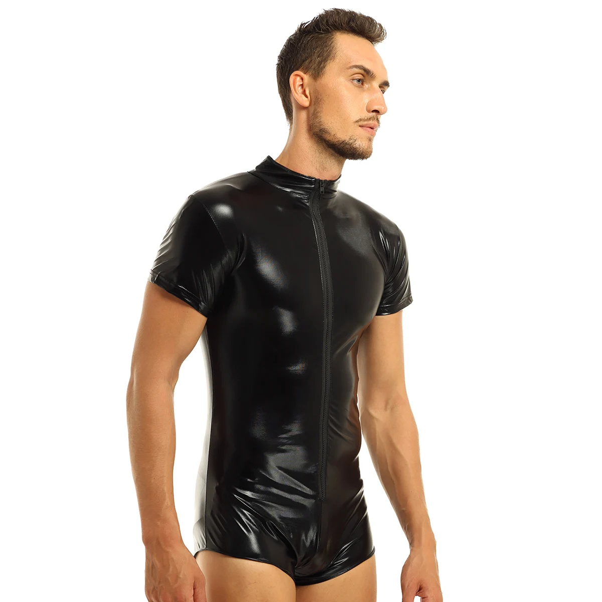 Mens Lingerie Catsuit Swimsuit Leather Swimwear Zipper Jumpsuit Leotard Shiny Bodysuit Underwear Gymnastics Suit Swimming Suit