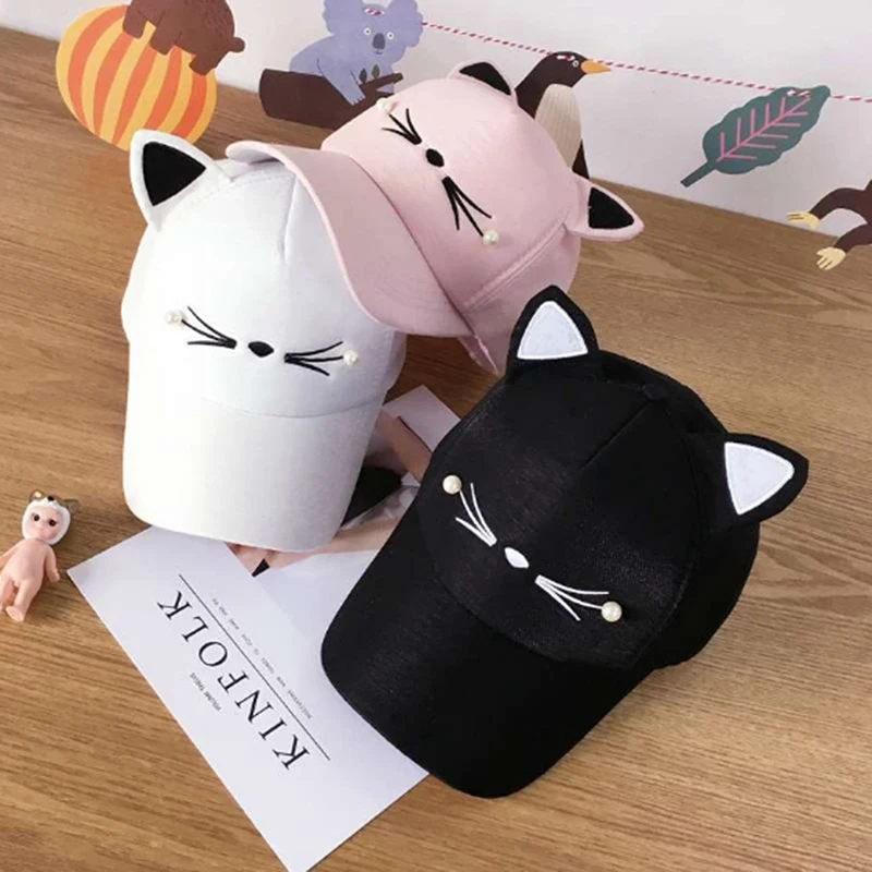 Spring Fashion Brand Street Adjustable Lovely Embroidery Hat Cat Ears Snapback Cap Boy Girl Pearl Baseball Cap