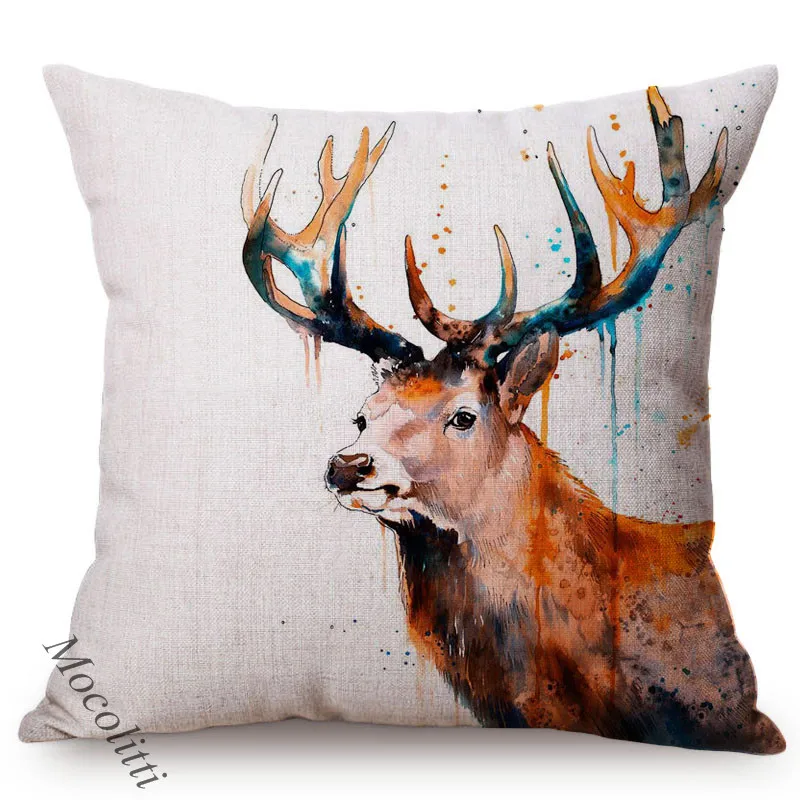 Nordic Animal Water Color Splash Artwork Horse Deer Design Home Deco Throw Pillow Case Cotton Linen Sofa Cushion Cover cojines