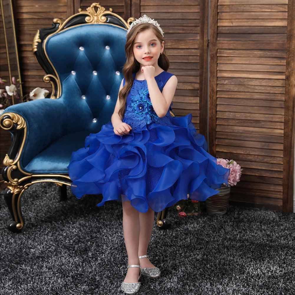 Elegant Blue Tutu Customers Party Wear Children Evening Dress for Girl 8 Years Old Fluffy Flower Kids Wedding Gown