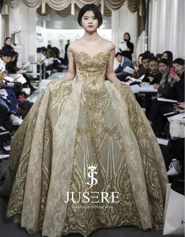 ราคาแพงสีทอง Puffy Ball Gown สไตล์อาหรับ Jusere จริงหรูหรา Ball Gown เลื่อมชุดราตรี2021