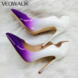 Veowalk biały fioletowy Gradient kobiety Curl Cut Pointy Toe czółenka na szpilkach eleganckie damskie wsuwane buty sukienka buty Plus rozmiar 33-45