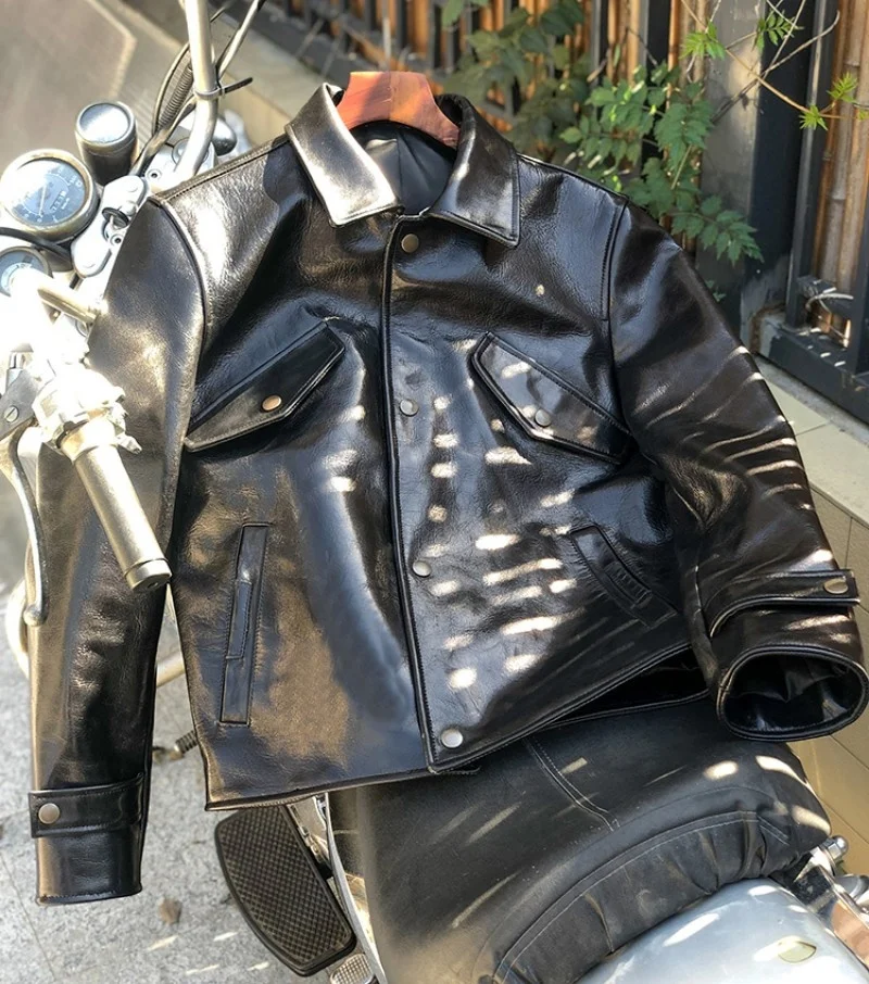 Motorcycle Vintage 100% Genuine Leather Jacket Men Luxury Brand Black Runway Single Breasted Short Coat Spring Autumn Outerwear