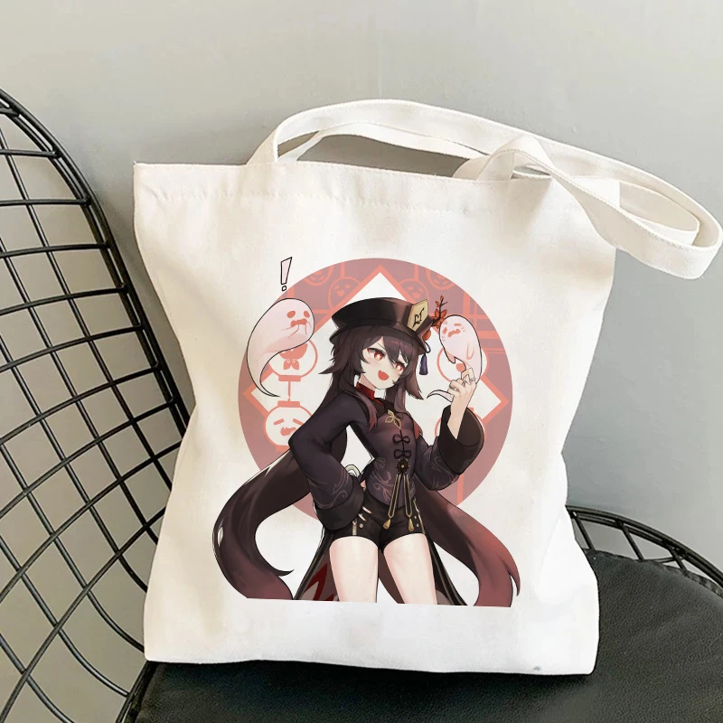 Cute Shopper Bag Hu Tao Genshin Impact Anime Shopping Bag Harajuku Large Capacity Collapsible Women Canvas Shoulder Bag Handbag