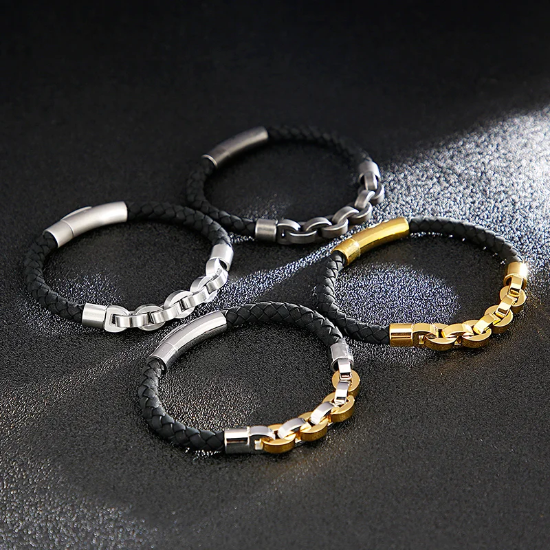 KALEN Fashion Multiple Color Stainless Steel Bracelets Men Black Cowhide Leather Charm Bangle Bracelet For Men Wristband Jewelry