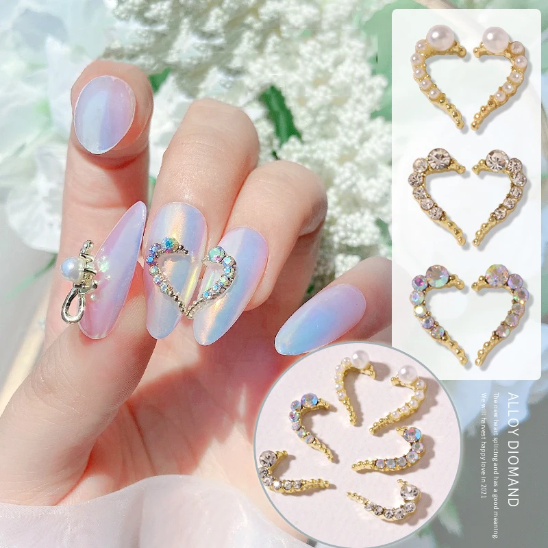 10pcs Crystal AB Nail Rhinestones Charm Pearls 3D Heart Alloy Nail Art Decoration Fashion Splice Love Manicure Jewelry Ornaments