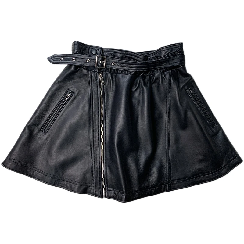 Women Sheepskin Sashes Zipper A-Line Short Skirts Punk Style Genuine Leather High Waist Black Mini Skirts Fashion Pleated Skirt