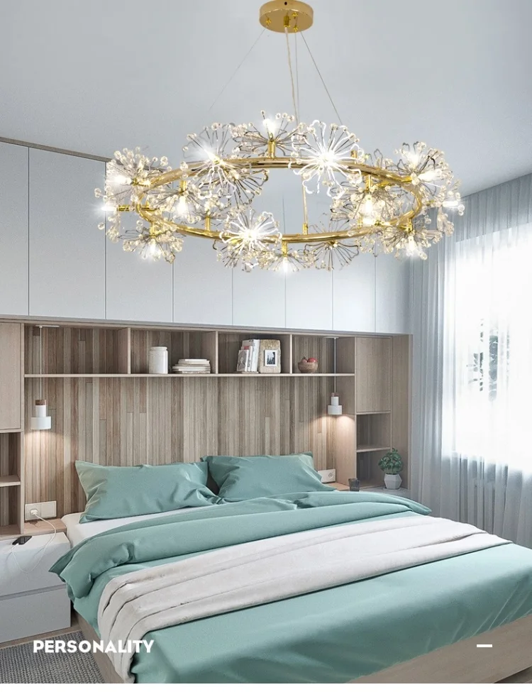 

Nordic Dandelion Crystal Led Chandelier Light Flower Stainless Steel Lamp Shop Decoration Living Room Bedroom Ring Pendant Light