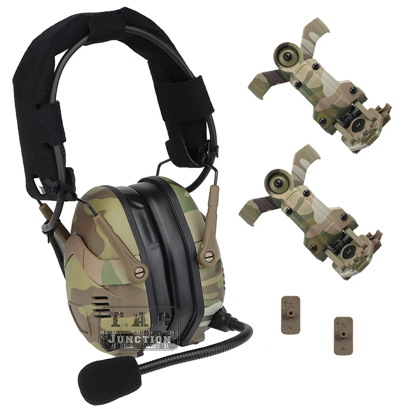 Wireless Military Noise Reduction Communication Headset W/ Helmet Rail Mount Kit Tactical Bluetooth Ear Muffs Set Black Multicam