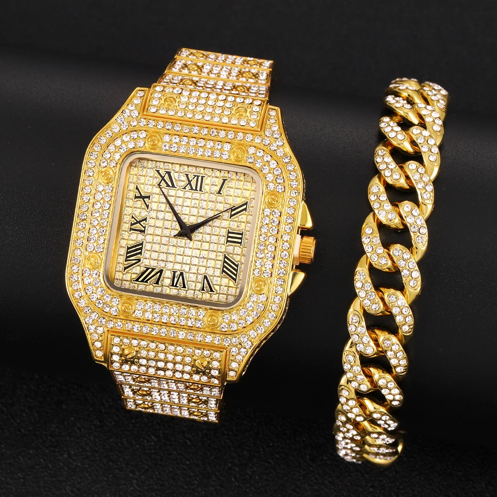 Luxury Iced Out Watch Bracelet for Women Mens Watch  Big Gold Cuban Chain Hip Hop Jewelry Set Rhinestone Gold Watch Men chain Mi