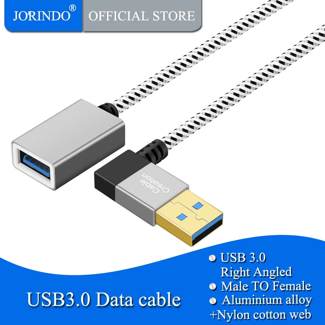 JORINDO-Cable de extensión USB 3,0, Cable extensor de ángulo recto USB 3,0 macho a hembra, Compatible con unidades de pulgar, aluminio oro rosa