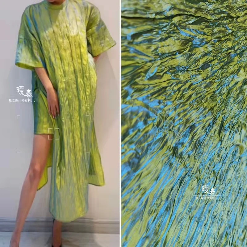 New Pleated Fabric Miyake Folds Gradient Blue Green DIY Patches Stage Clothes Shirt Skirt Dress Fashion Designer Fabric