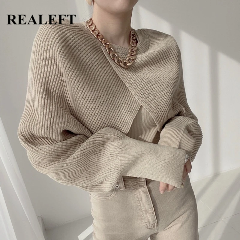 

REALEFT Autumn Winter Knitted Cross Short Pullover Female Sweater Elegant Long Sleeve Casual Loose Chic Women's Sweater 2021 New