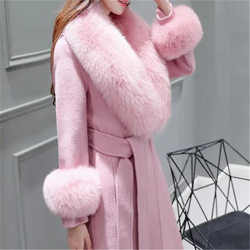 2024 Autumn Winter High End Fashion Coat Slim Was Thin Woolen Coat Faux Fur Fur Collar Slim Was Thin Mid-length Coat Women Coat