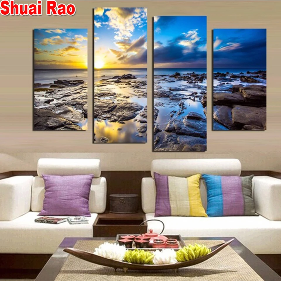 

4 Piece Diamond embroidery Sea Beach Sunrise early morning 3d painting diamond painting round square diamond cross stitch,Art