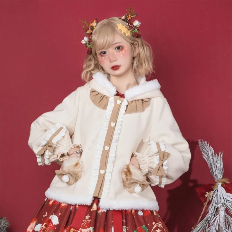 

Christmas Winter Jacket Women Lolita Fleece-lined Thickened Girl Soft Fabric Kawaii Antler Hat Coat Cute Plush White Coat Parka