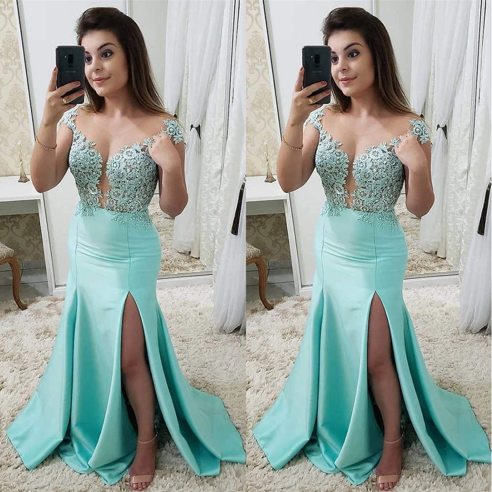 

Mermaid Ball Gown Prom Party Gown Thigh-High Slits Illusion Jewel Sleeveless Formal Dresses Elastic Satin Applique Evening Dress