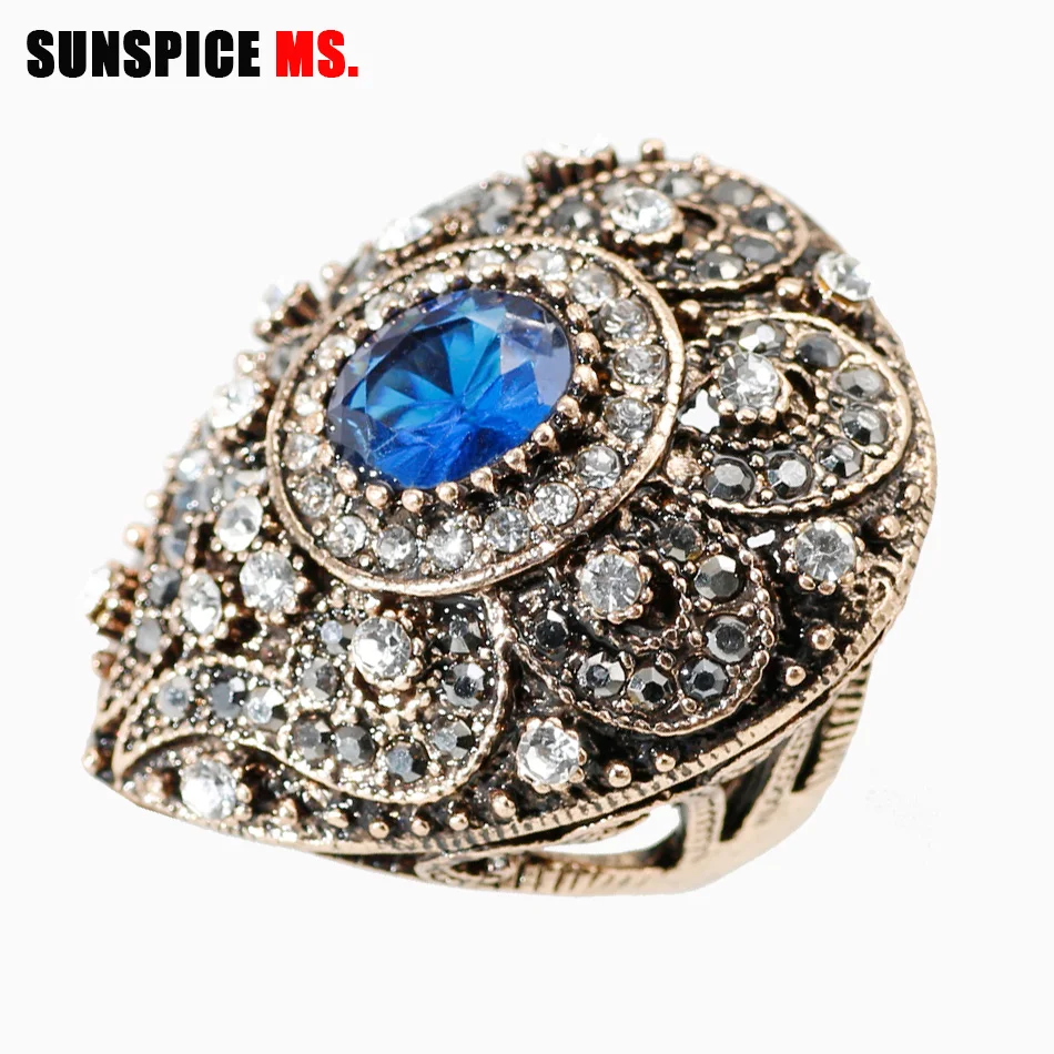 SUNSPICE MS New Turkish Rings For Women Antique Gold Color Vintage Wedding Bands Resin Ring Engagement Jewelry Crystal Gift