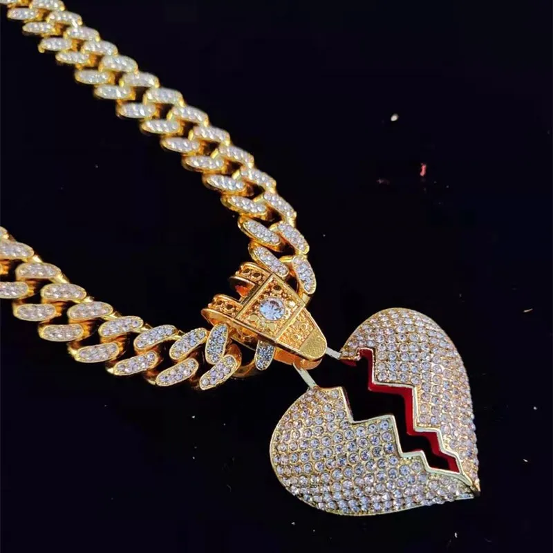 Men Hip Hop Chain Iced Out Bling Bling Heart Broke Pendant Necklace13mm Miami Cuban Chain HipHop Necklaces Fashion Charm Jewelry