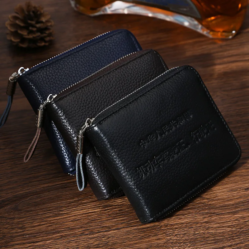 

2021 hot style men's wallet first layer cowhide leather multi-function wallet female short zipper coin purse lychee pattern