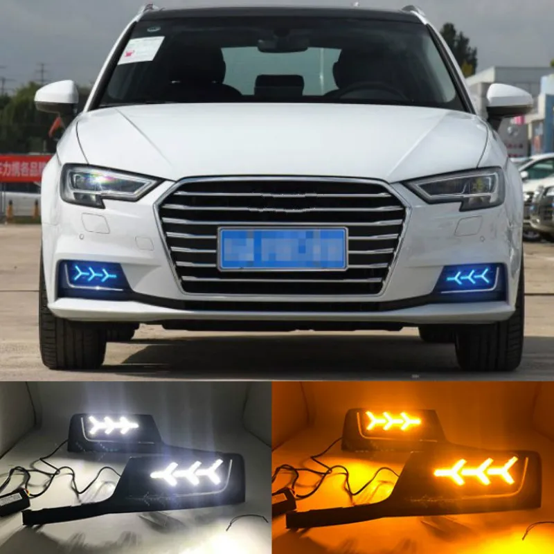 

1set 12V LED DRL Daytime Running Lights Daylight Fog light with yellow turn Signal For Audi A3 2017-2019