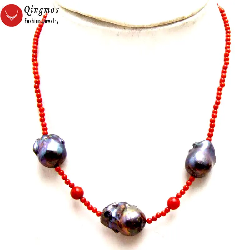 Qingmos 14*25mm Baroque Natural Black Pearl Pendant Necklace for Women with 3-4mm Natural Red Coral Necklace Chokers Jewelry