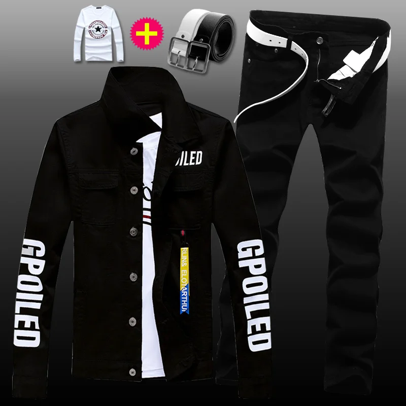 New Mens Denim Jacket Jeans Pants Slim Fit 2pcs Set Boys Casual Letters Printed Coat Trousers with Pendant Candy Color