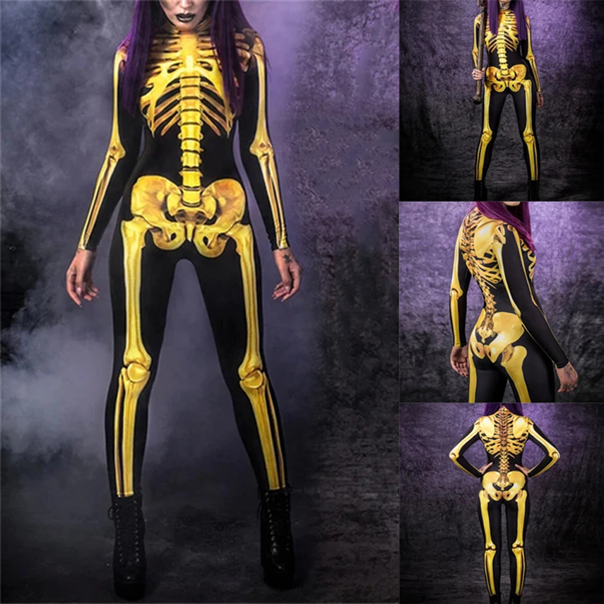 Nuevos disfraces de Halloween para mujeres adultas, Cosplay de terror aterrador, mono de esqueleto con estampado 3D, ropa de actuación para fiesta de Carnaval