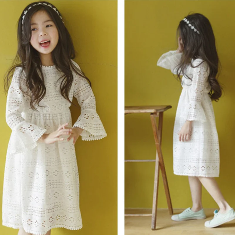 Girl Princess Vintage Dress Lace Floral Hollow Out Cotton Toddler Teen Cotton Vestido Flare Sleeve Wedding Child Clothes 2-14Y