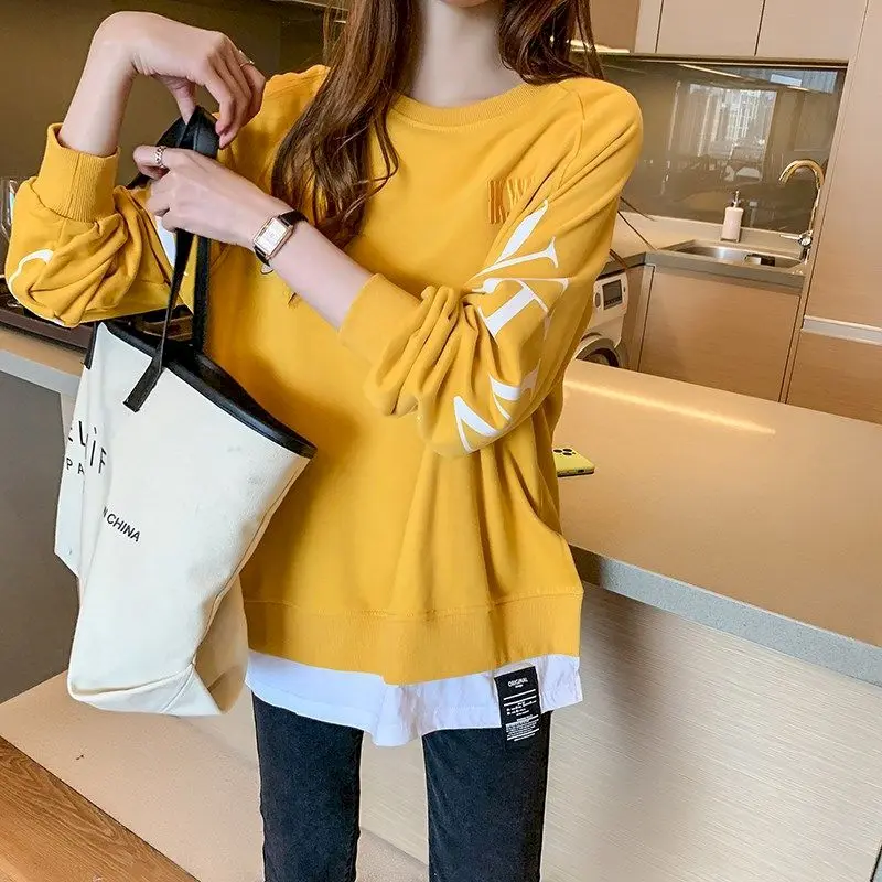 Autumn New Super Fire Pullover Women Ins Tide Hem Two-piece Fake Two-piece Blouse With Slits On Both Sides Loose Jacket Women