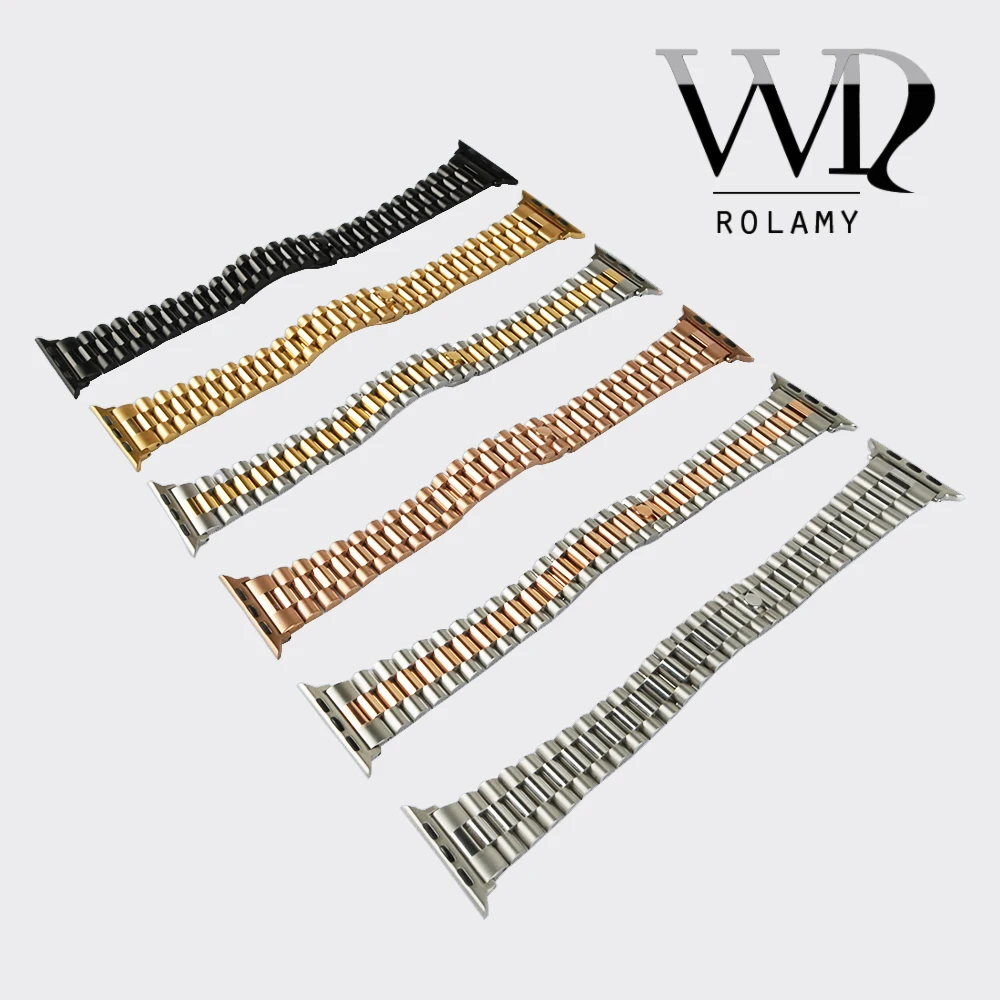 Rolamy 38 40 42 44mm Solid Stainless Steel Replacement Wrist Bracelet Oyster Watch Band With Adapter For Iwatch Apple Watch